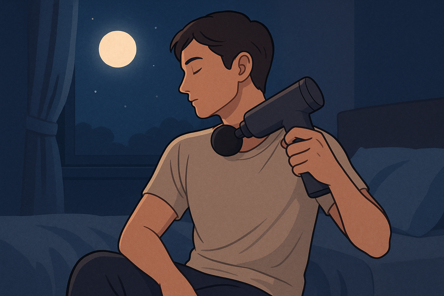 夜のベッドでマッサージガンを首肩に当て、深い睡眠を促す男性のシーン